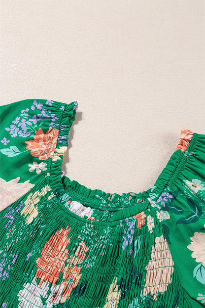 Floral Bubble Sleeve Smocked Tiered Midi Dress