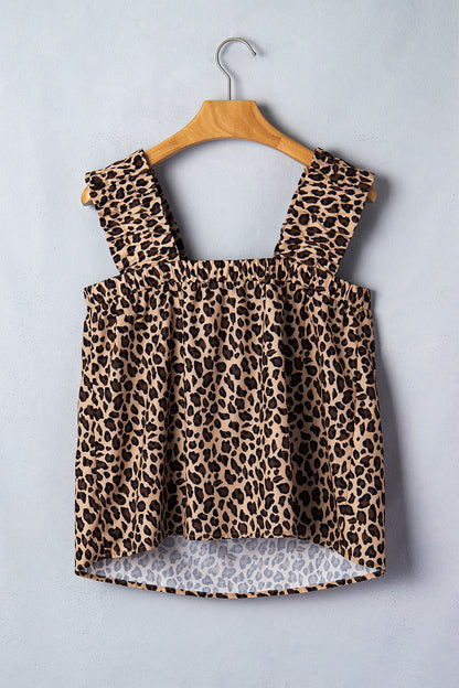 Leopard Frilled Square Neck Tank Top
