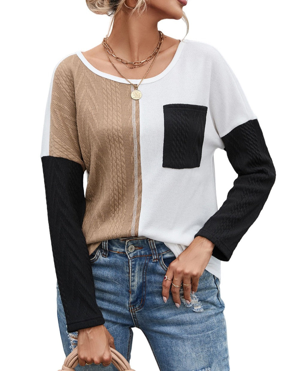 Colorblock Long Sleeve Pocketed Top