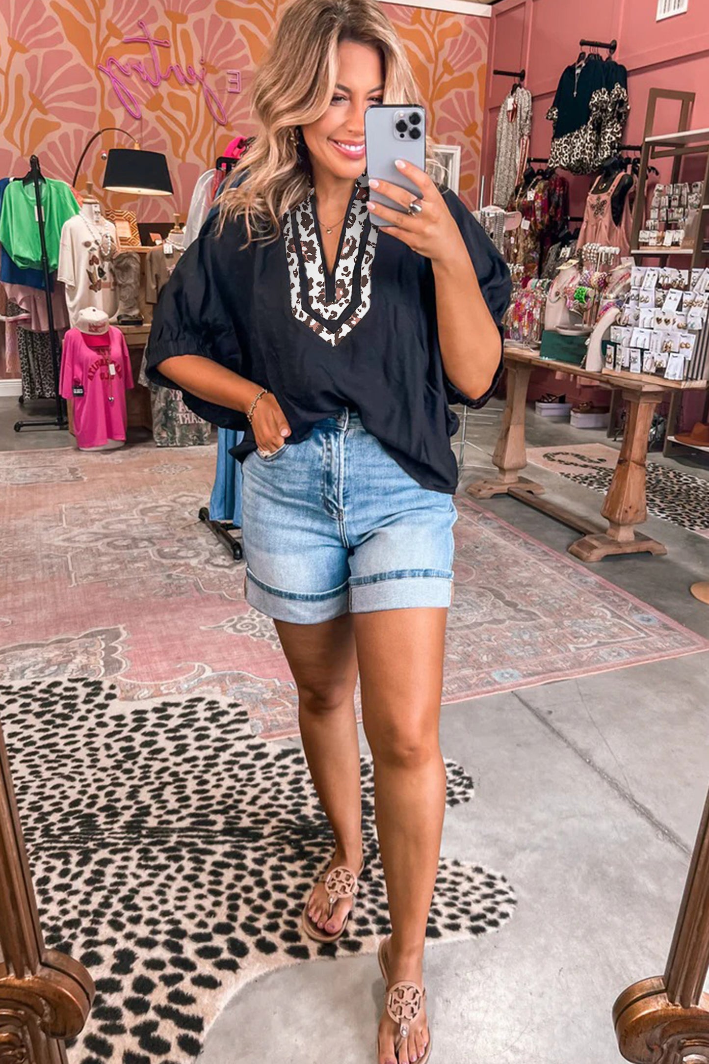 Leopard Patchwork Dolman Sleeve V-Neck Blouse