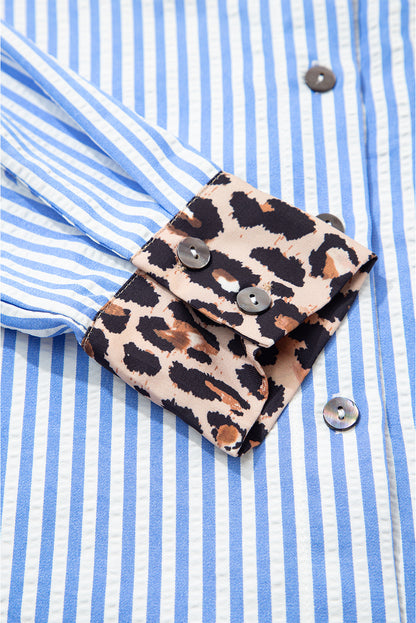 Stripe Leopard Patchwork Button-Up Shirt