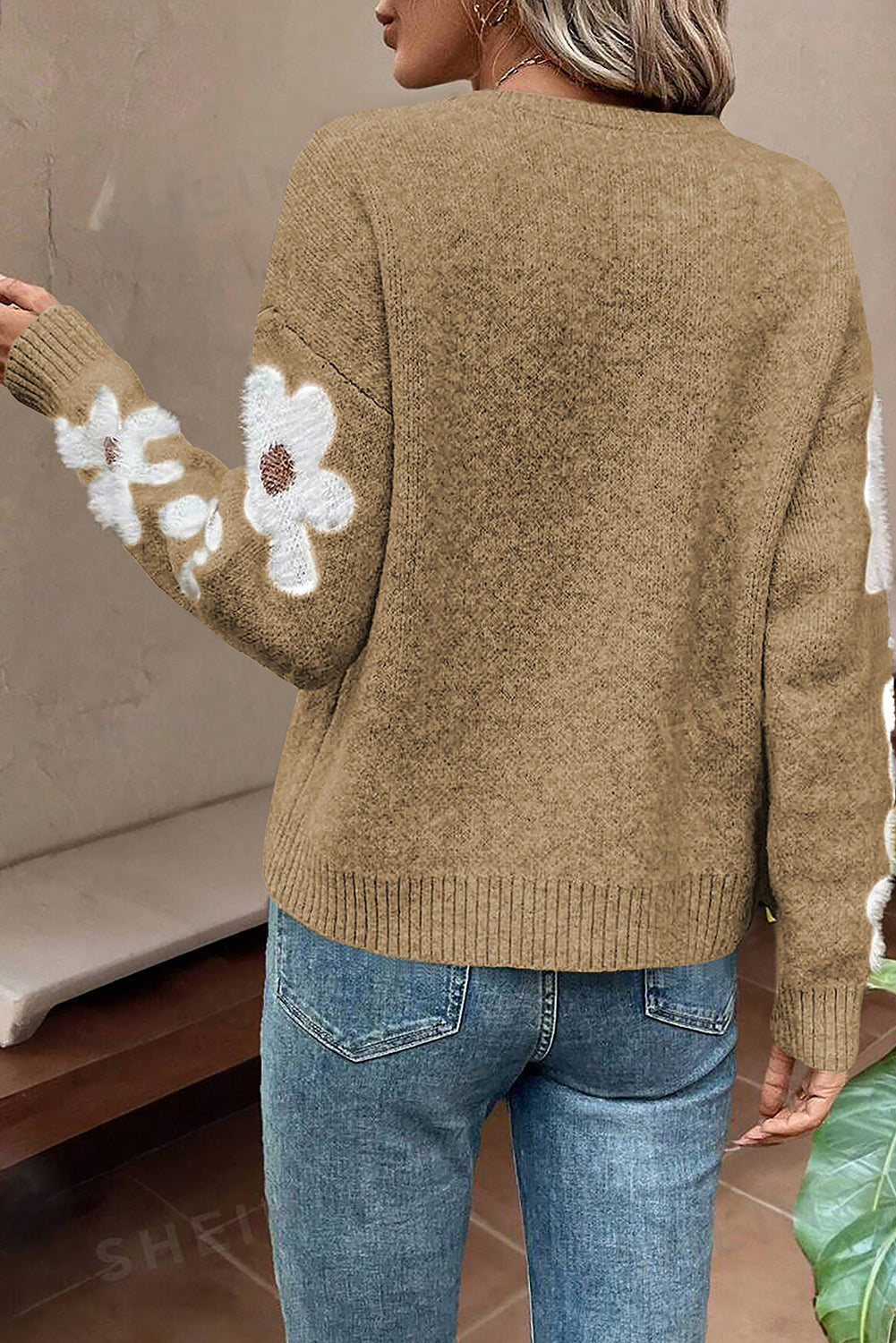 Floral Sleeve Drop Shoulder Sweater