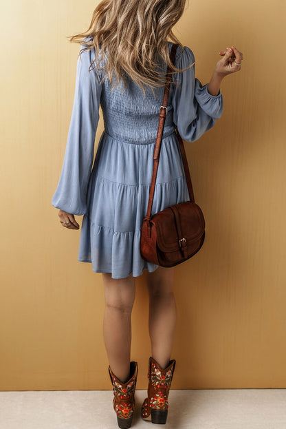 Solid V-Neck Long Sleeve Mini Dress