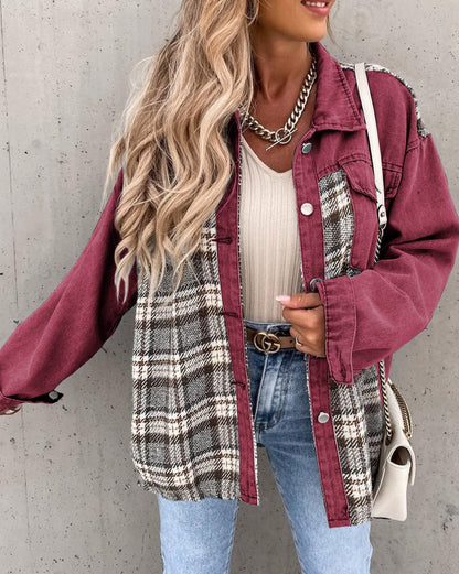 Plaid Patchwork Pockets Denim Jacket