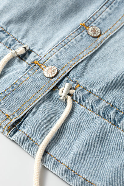 Light Wash Denim Drawstring Hem Buttoned Jacket