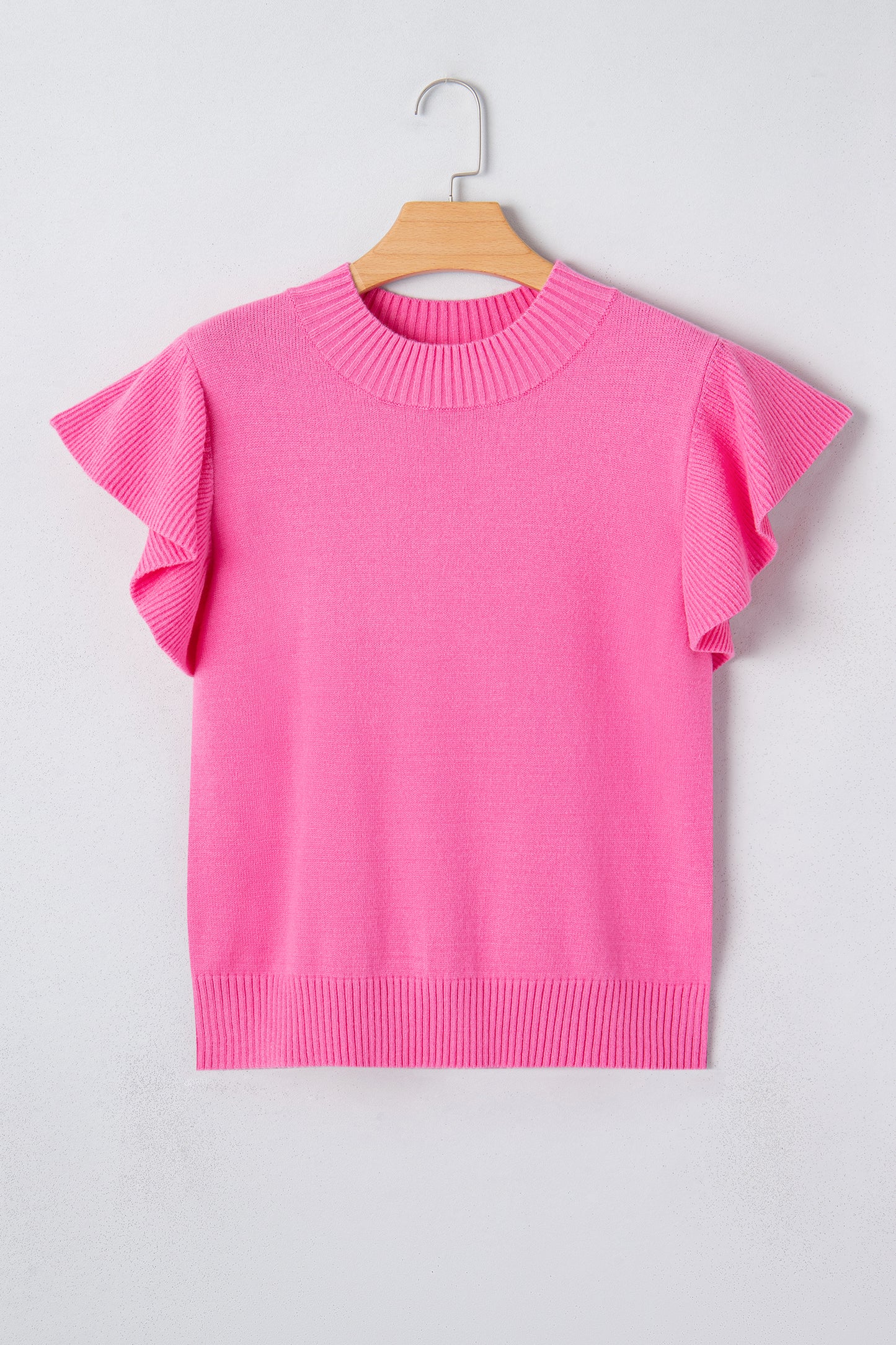 Solid Ruffle Sleeve Round Neck Ribbed Sweater