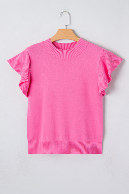 Solid Ruffle Sleeve Round Neck Ribbed Sweater