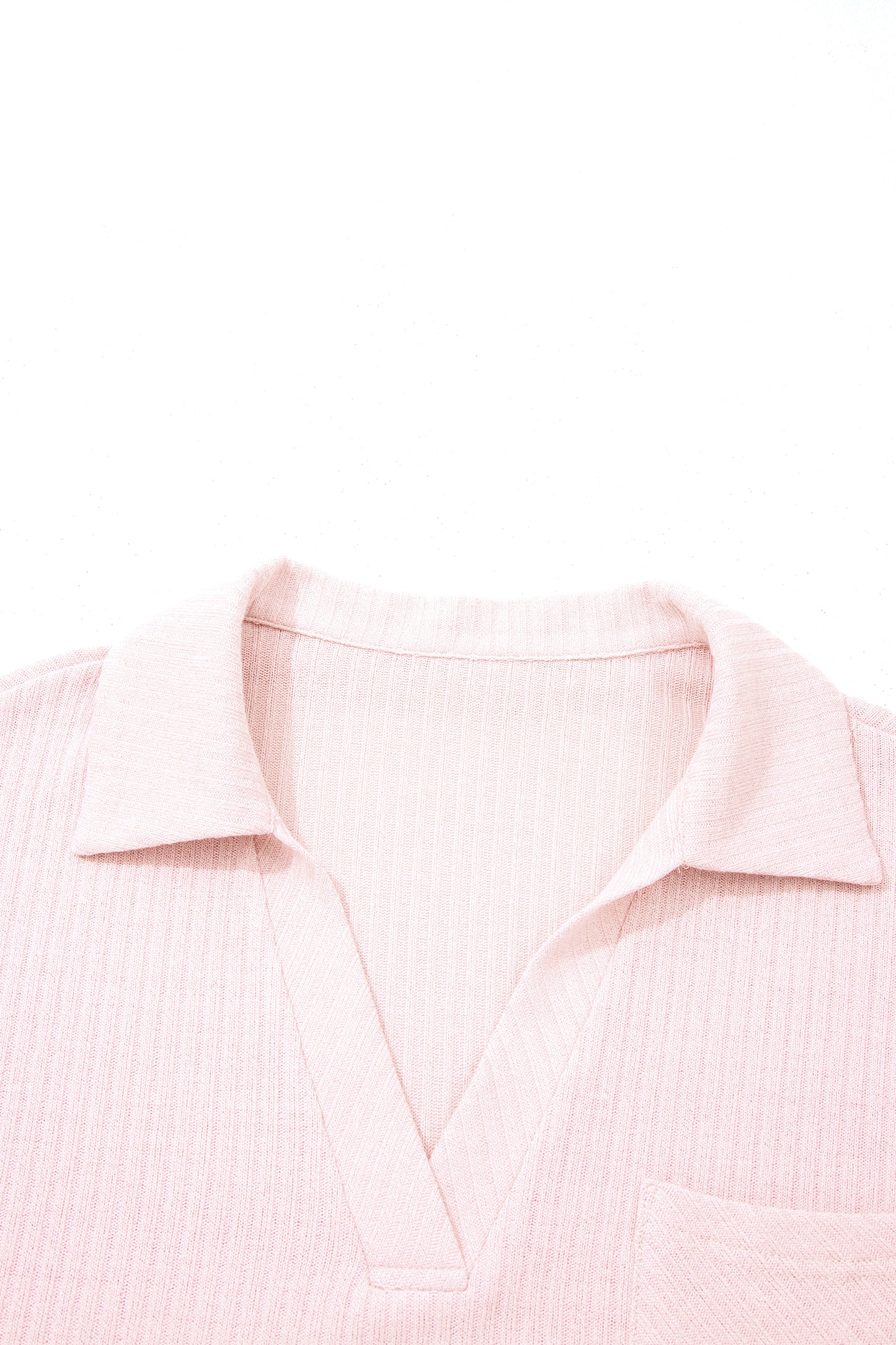 Solid Ribbed Knit Collared V-Neck Tee