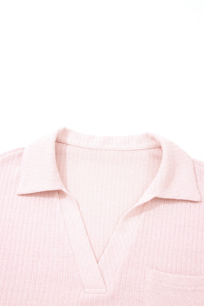 Solid Ribbed Knit Collared V-Neck Tee
