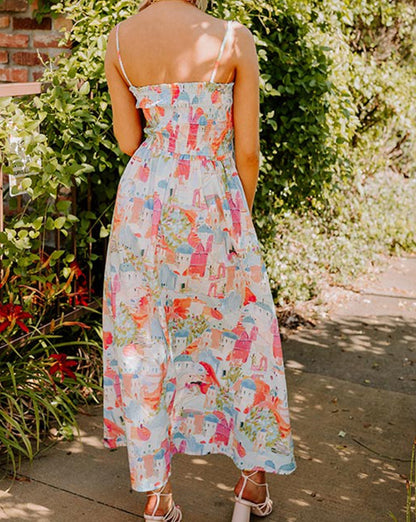 Abstract Smocked Flowy Maxi Sundress