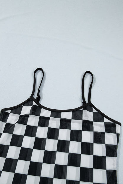 Checker Sheer Mesh Spaghetti Strap Tank Top