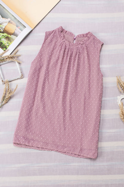 Swiss Dot Sleeveless Ruffle Crewneck Tank
