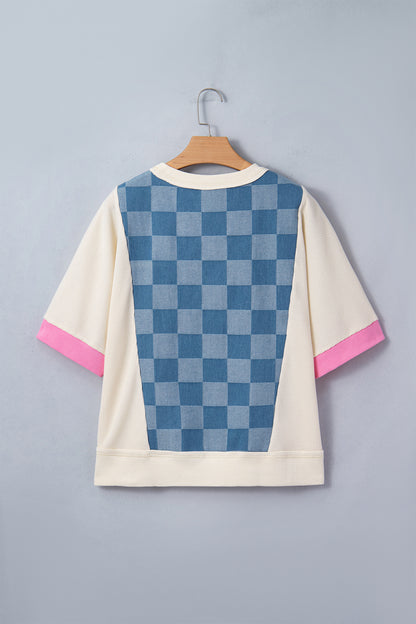Checker Denim Patchwork Short Sleeve Loose Top