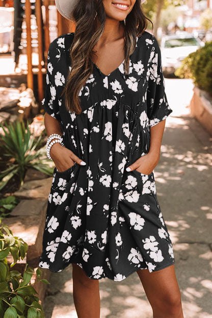 Floral 3/4 Sleeve Pocketed Babydoll Dress