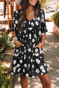 Floral 3/4 Sleeve Pocketed Babydoll Dress