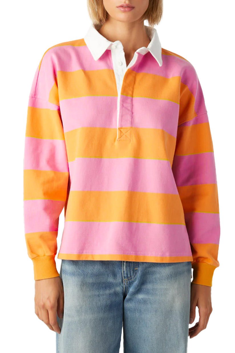 Stripe Colorblock Polo Collar Sweatshirt