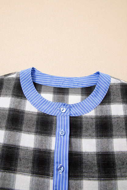 Plaid Contrast Stripe Edge Half-Placket Blouse
