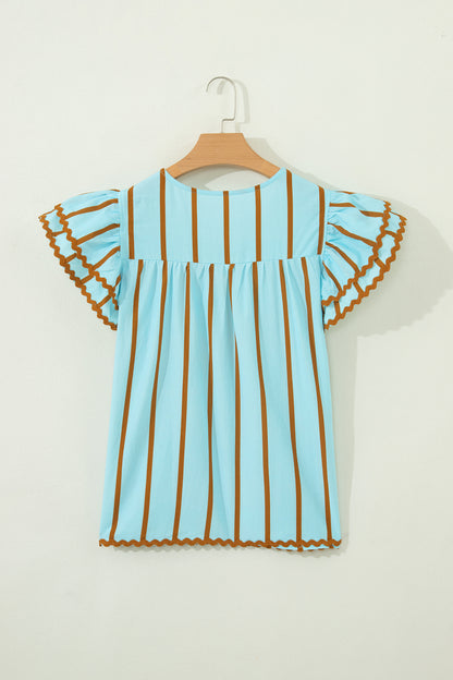 Stripe Ricrac Trim Double Ruffle Short Sleeve Blouse