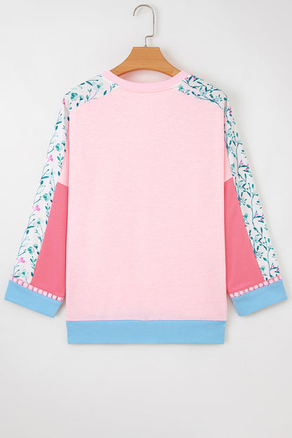 Floral Colorblock Patchwork Chest Pocket Long Sleeve Top