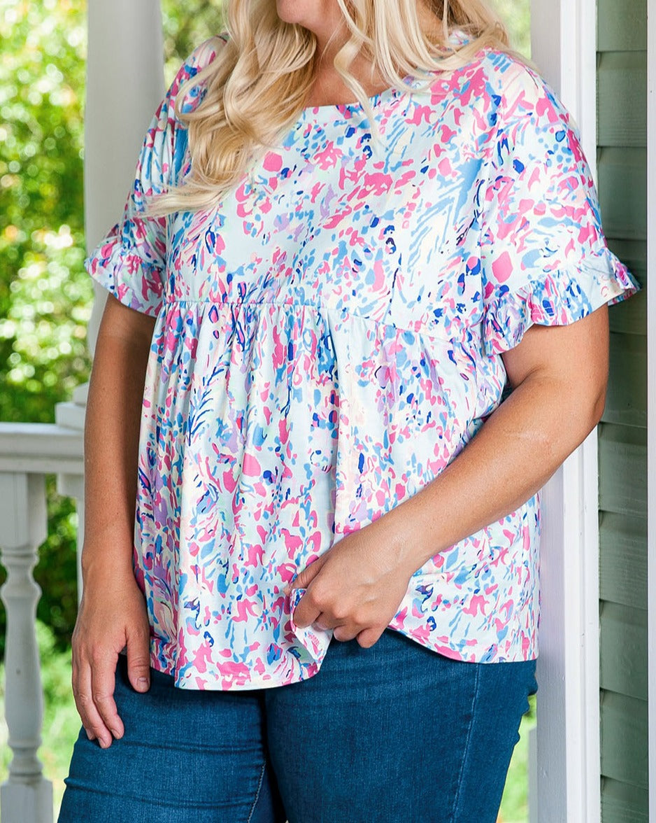 Abstract Frilled Short Sleeve Top Plus Size