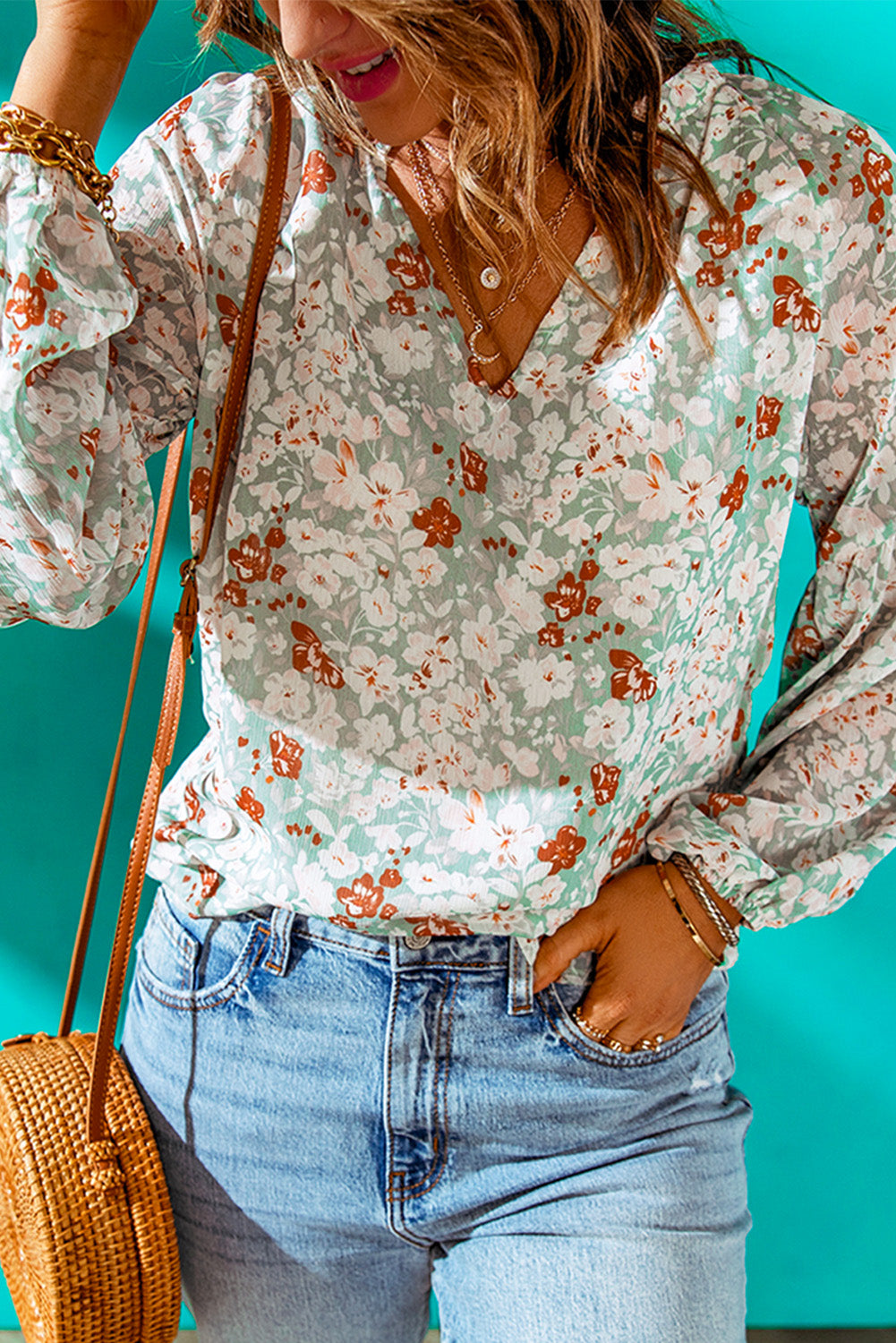 Floral Puff Sleeve V-Neck Top