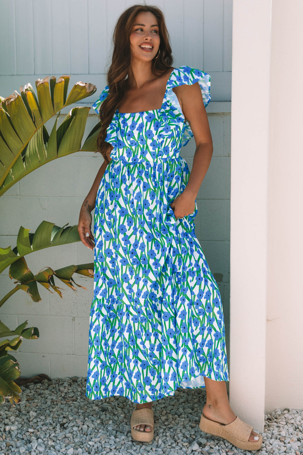 Floral Square Neck Ruffle Strap Maxi Dress