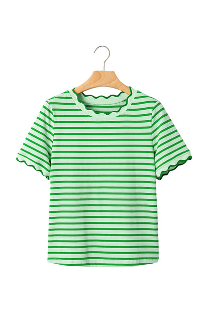 Stripe Scallop Trim Round Neck T-Shirt