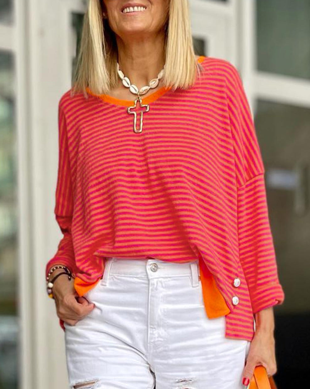 Stripe Side Button Drop Shoulder Top