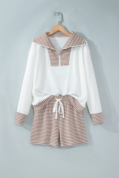Stripe Patchwork Long Sleeve Top & Shorts Set