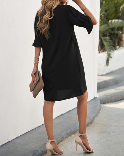 Ruffle 3/4 Sleeve V-Neck Dress