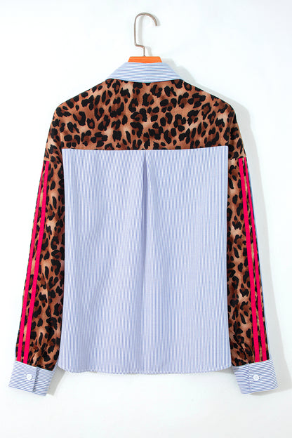 Varsity Stripe Leopard Patchwork Button Down Shirt