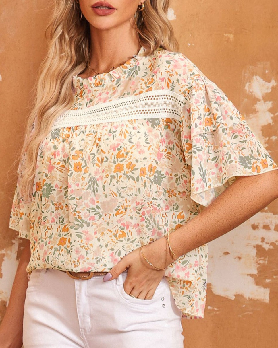 Floral Ruffle Wide Sleeve Blouse