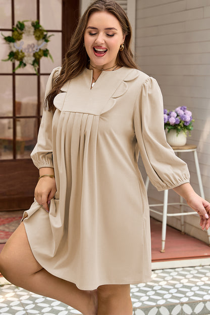 Plus Size Corduroy Scallop Notched Neck Mini Dress