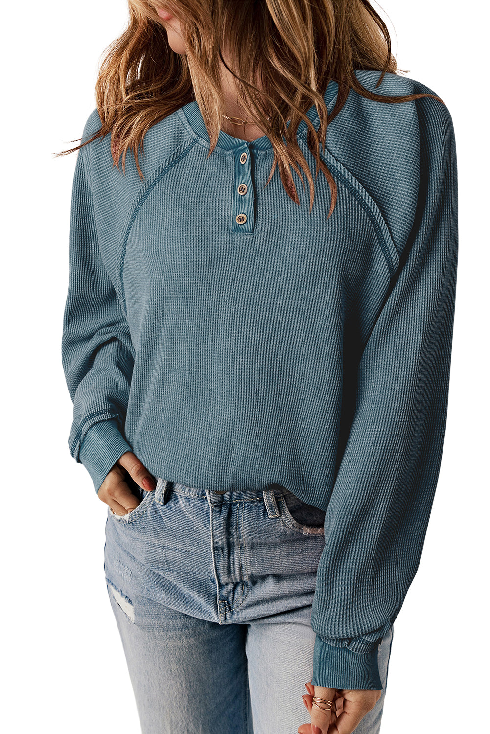 Waffle Raglan Sleeve Henley Sweatshirt