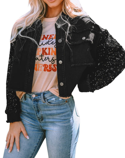 Sequin Denim Colorblock Pocketed Jacket