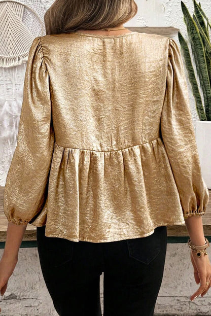 Bow 3/4 Sleeve Ruffle Hem Blouse