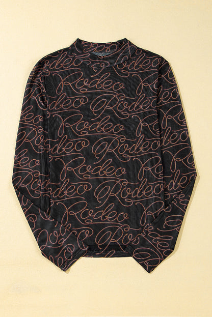 Western Rodeo Mesh Mock Neck Long Sleeve Top