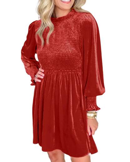 Velvet Smocked Puff Sleeve Dress