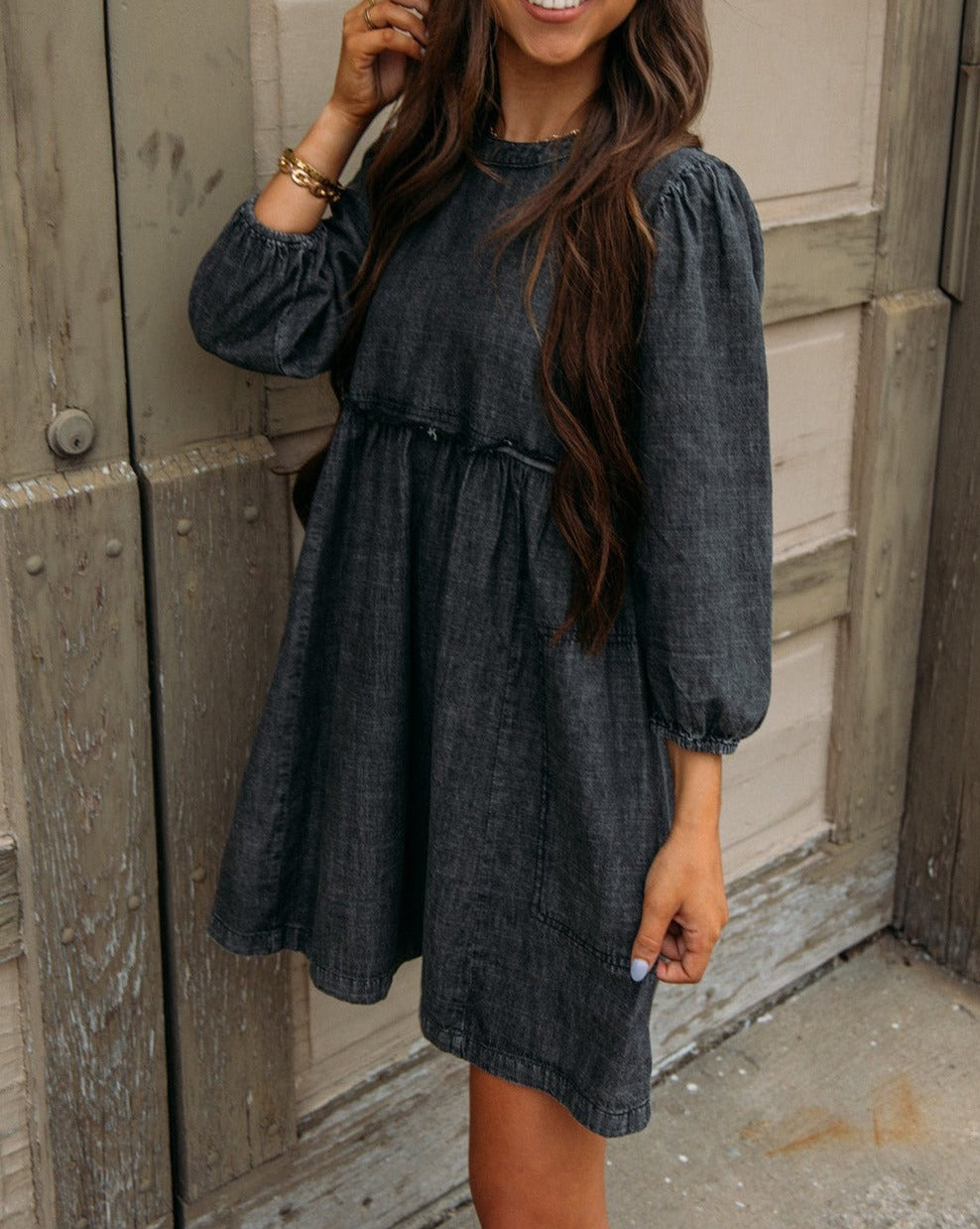 Denim Chambray Puff Sleeve Dress