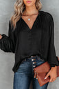 Pleated Balloon Sleeve V-Neck Blouse