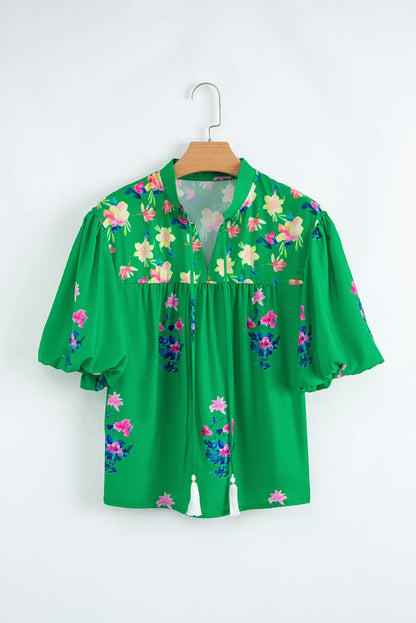Floral Tassel Tie Split Neck Short Sleeve Blouse