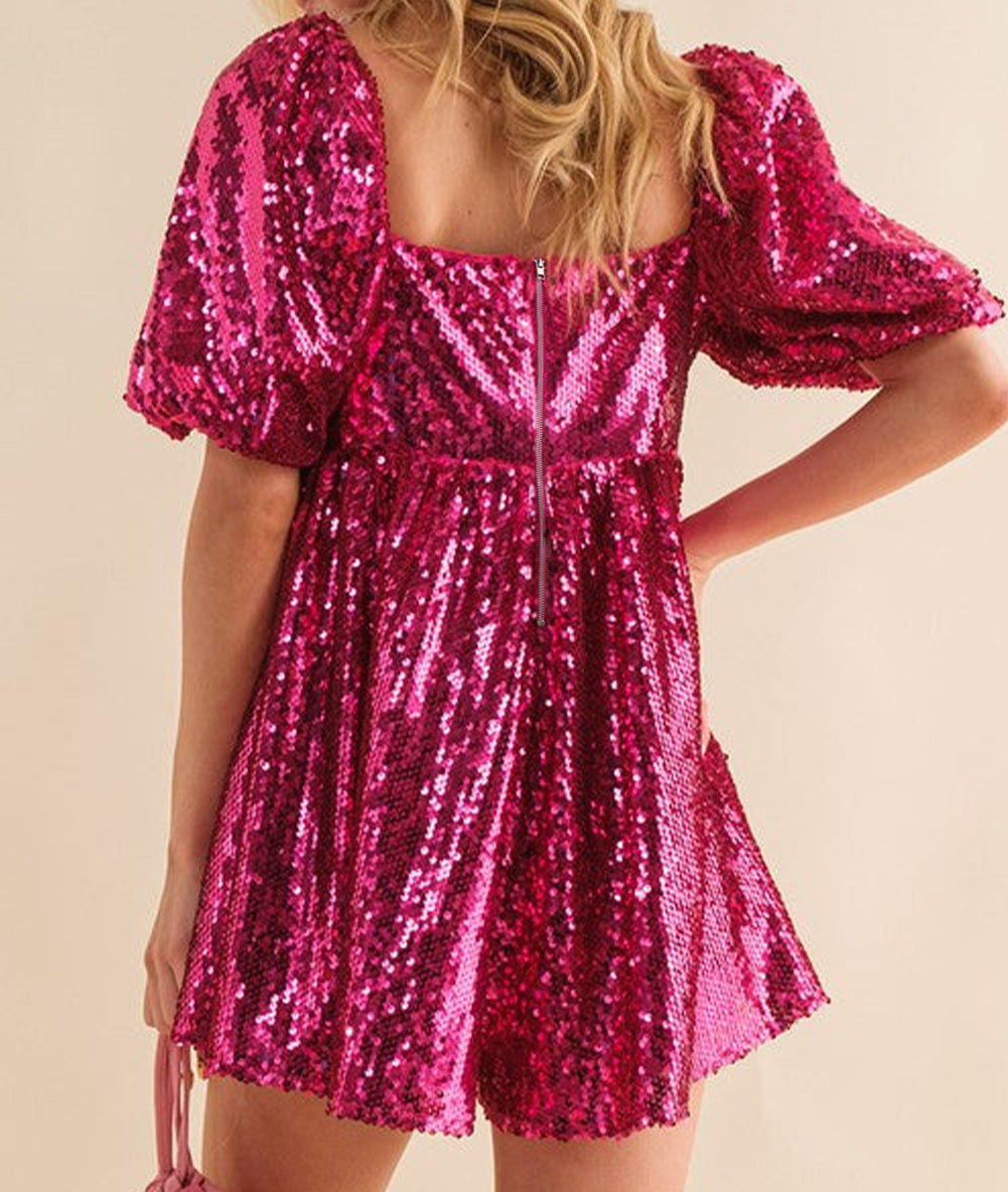 Sequin Puff Sleeve Babydoll Romper