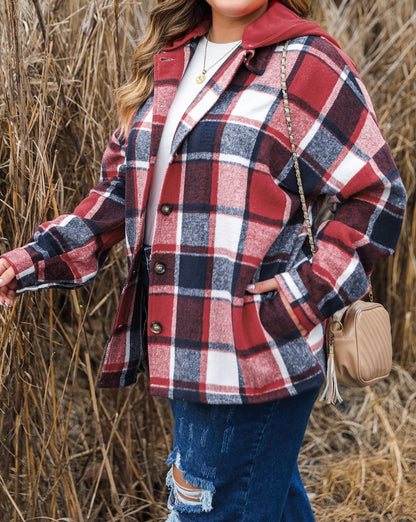 Plaid Button-Up Hooded Jacket Plus Size