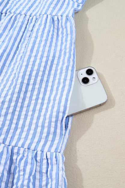 Plus Size Stripe Seersucker Notched Neck Tiered Dress