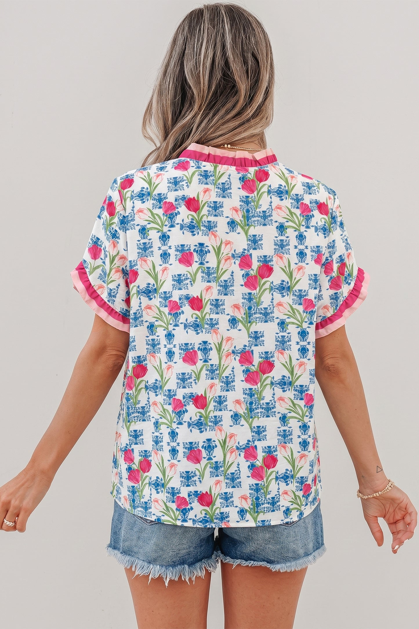Floral Ruffle V-Neck Short Sleeve Tunic Shirt