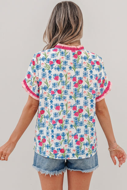 Floral Ruffle V-Neck Short Sleeve Tunic Shirt