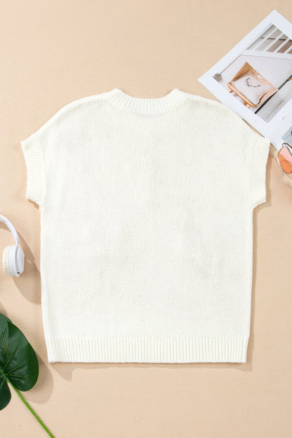 Contrast Bow Tie Short Sleeve Knit Sweater