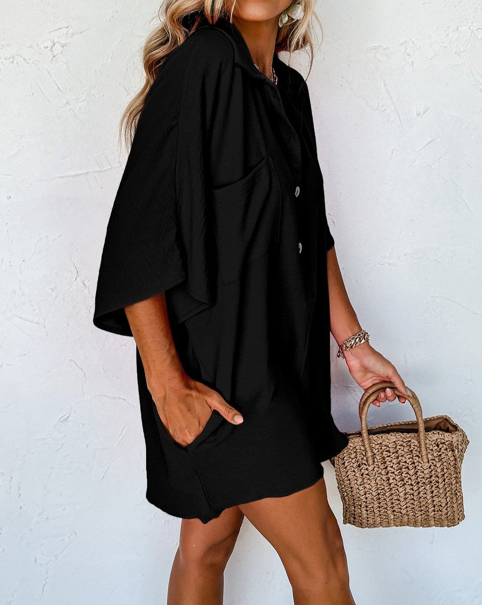 Collared Half Button Loose Romper