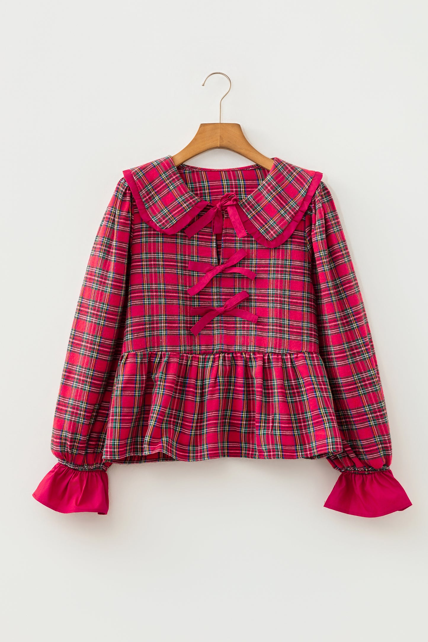 Plaid Collared Bow Tie Ruffle Long Sleeve Blouse