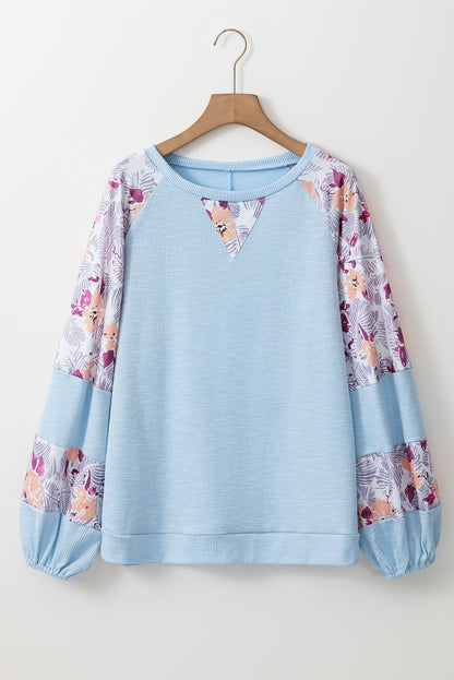 Floral Patchwork Balloon Sleeve Textured Blouse